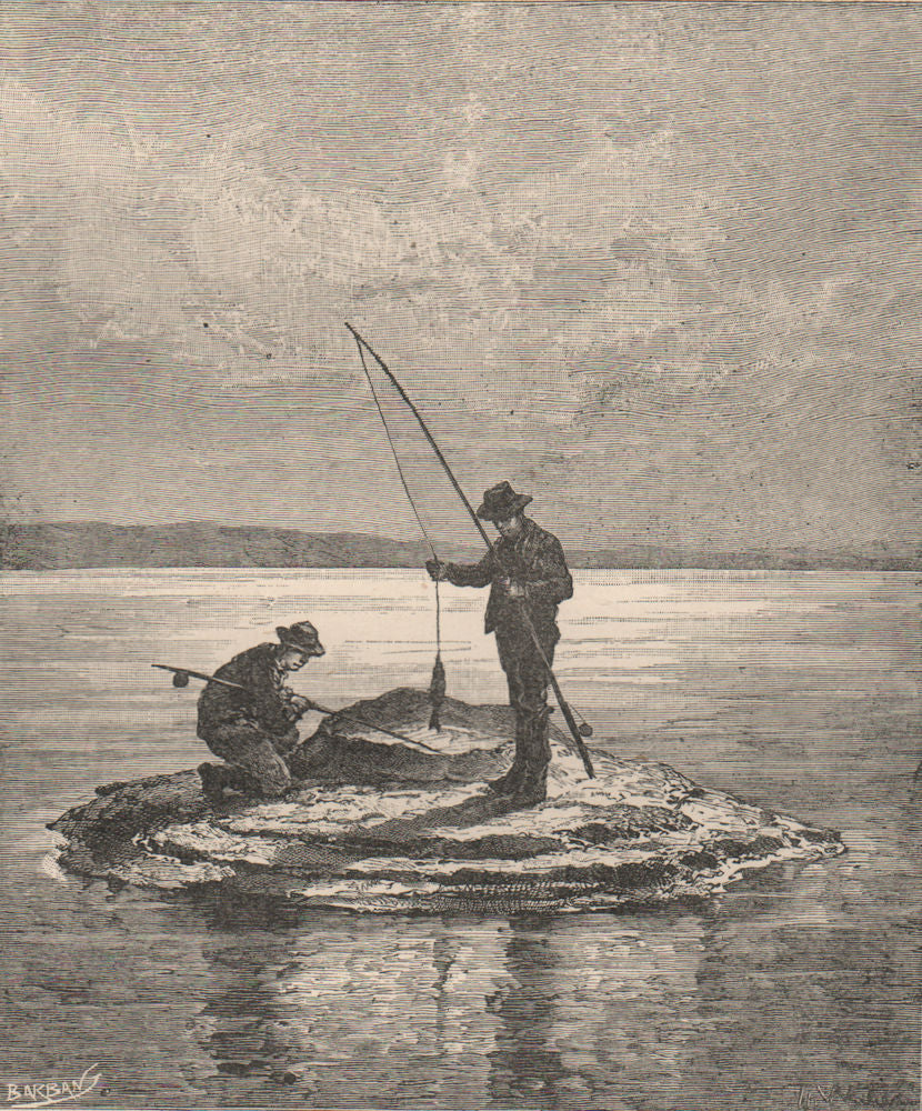 Yellowstone Lake-fishing and cooking. Wyoming 1885 old antique print picture